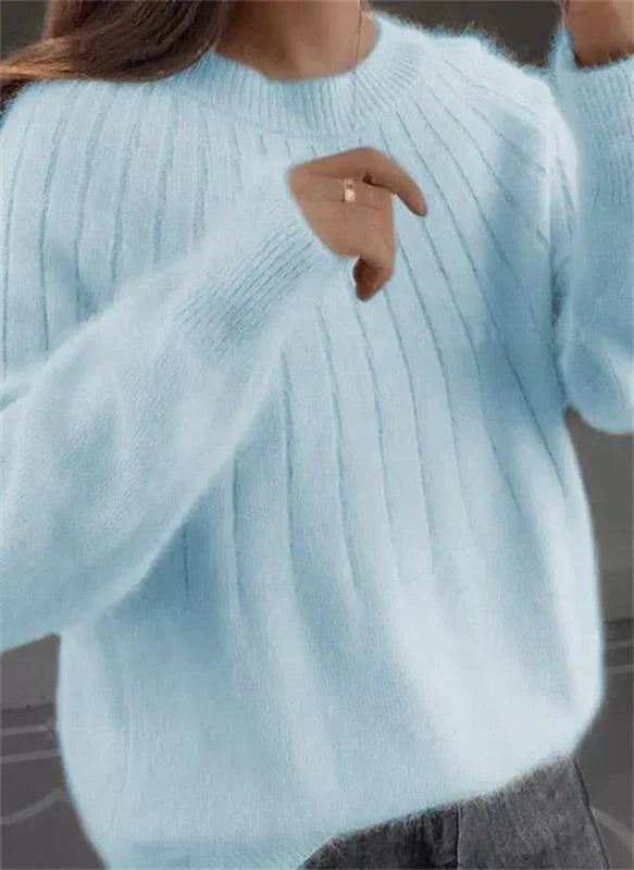 Damen Flauschiger Strickpullover | Gerippter Pullover mit Rundhalsausschnitt
