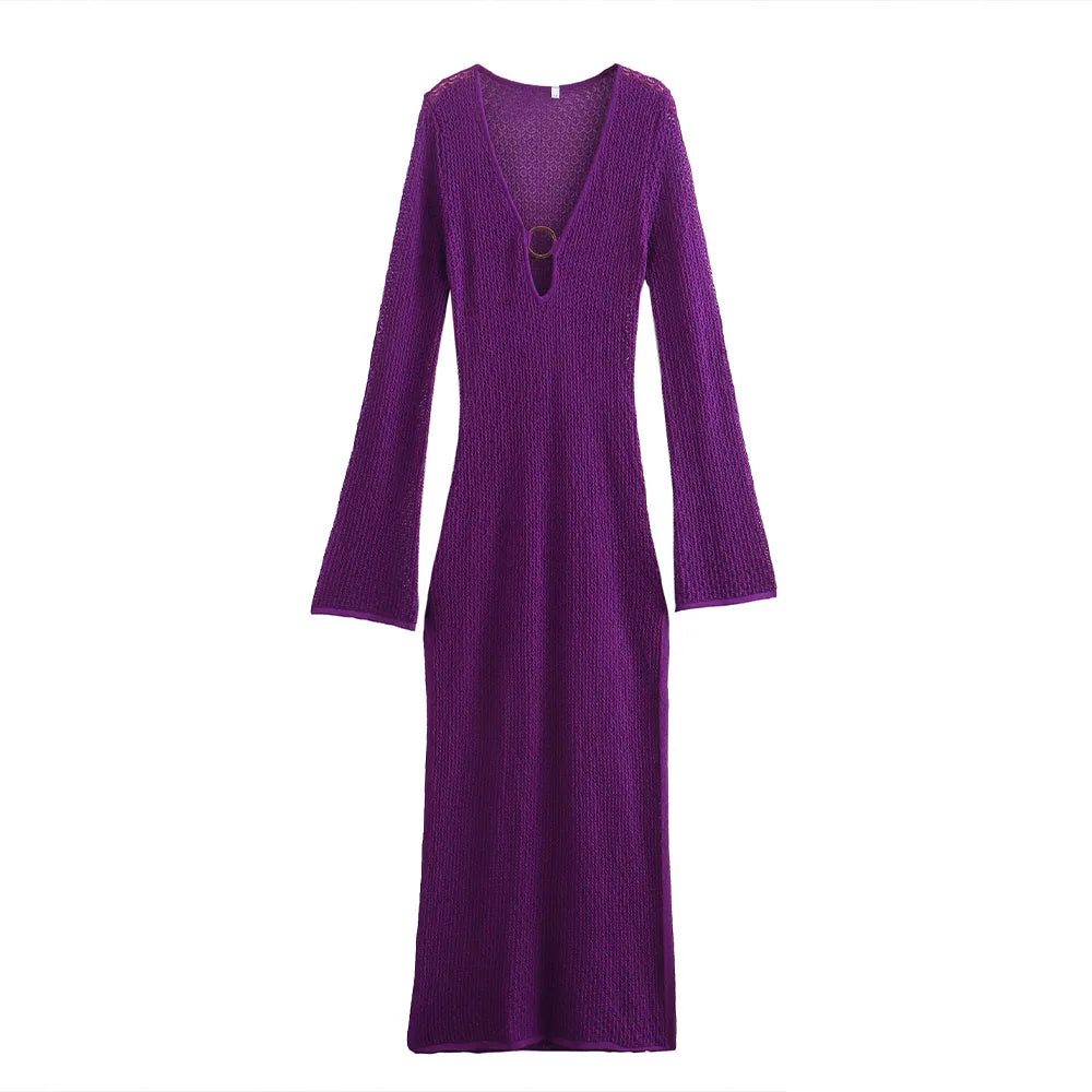 Damen V-Ausschnitt Kleid | Maxi mit ausgestellten Ärmeln
