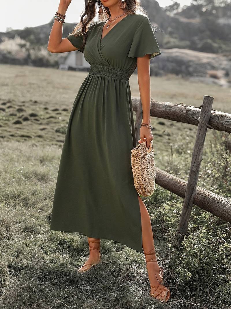 Damen V-Ausschnitt Kleid | Maxi mit geraffter Taille