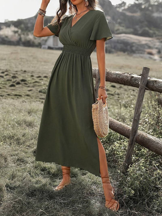 Damen V-Ausschnitt Kleid | Maxi mit geraffter Taille