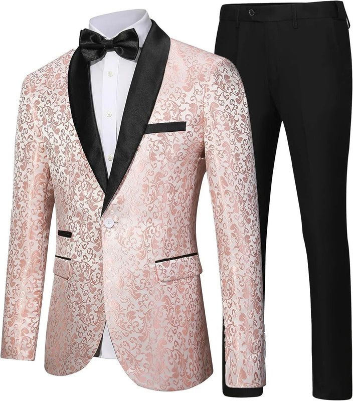 Herren Formelle Smoking Zweiteiliges Set | Gemusterter Blazer mit Satin-Revers und Anzughose