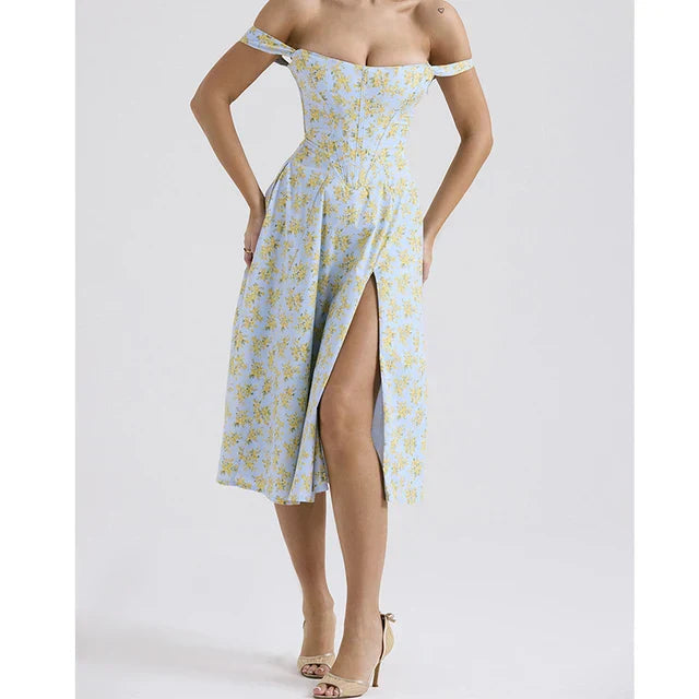 Damen Floral Korsett Midikleid | Schlitz