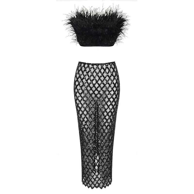 Schulterfreies Pailletten-Party-Set für Damen | Zweiteilig