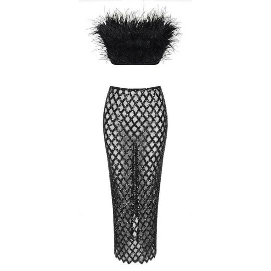 Schulterfreies Pailletten-Party-Set für Damen | Zweiteilig