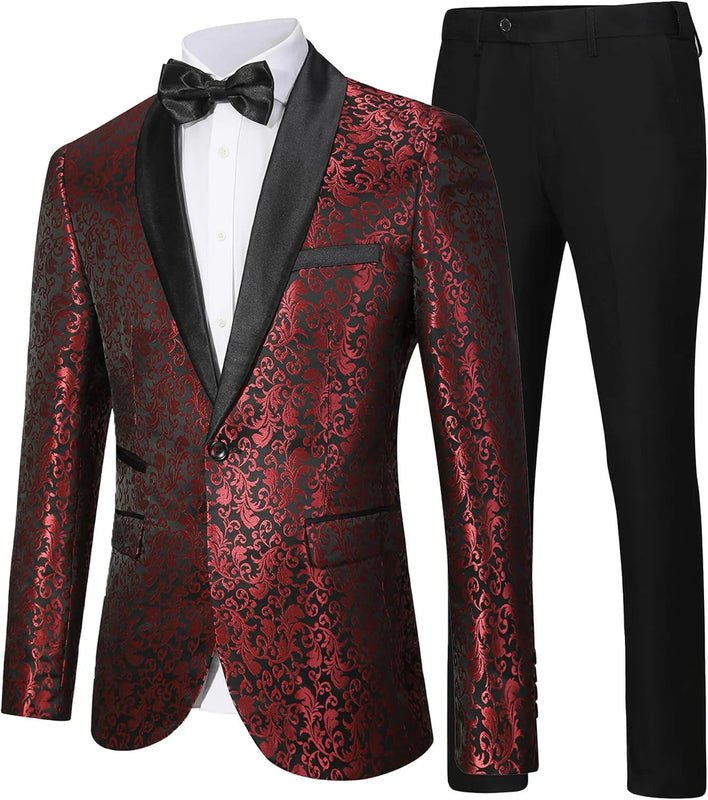 Herren Formelle Smoking Zweiteiliges Set | Gemusterter Blazer mit Satin-Revers und Anzughose