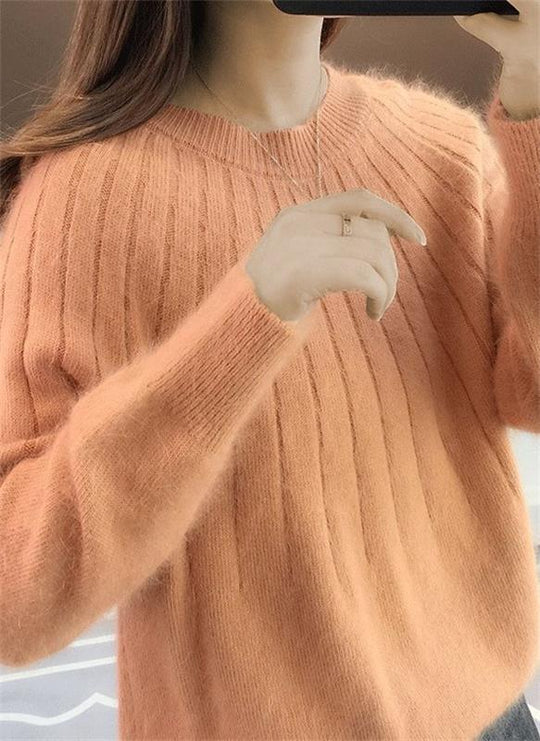 Damen Flauschiger Strickpullover | Gerippter Pullover mit Rundhalsausschnitt