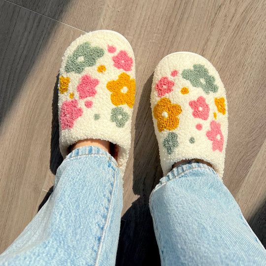 Flauschige Bestickte Blumen-Hausschuhe für Damen | Gemütliche