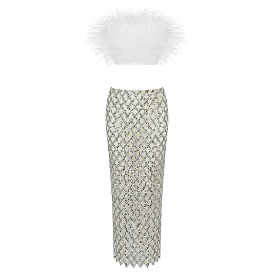 Schulterfreies Pailletten-Party-Set für Damen | Zweiteilig