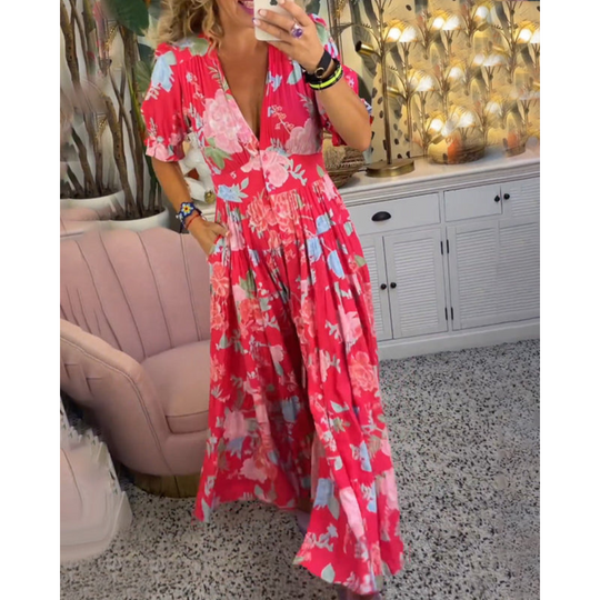 Florales Maxikleid in A-Linie für Damen | Puffärmel