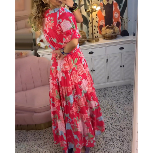 Florales Maxikleid in A-Linie für Damen | Puffärmel