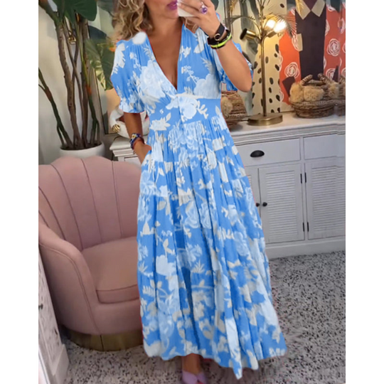 Florales Maxikleid in A-Linie für Damen | Puffärmel