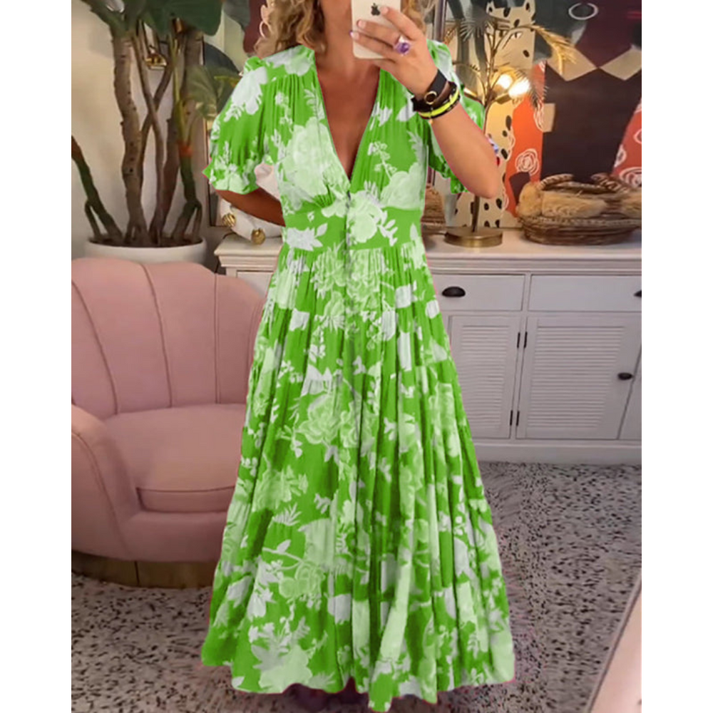 Florales Maxikleid in A-Linie für Damen | Puffärmel