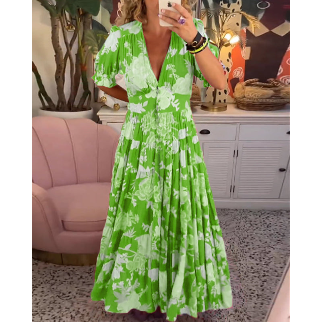 Florales Maxikleid in A-Linie für Damen | Puffärmel