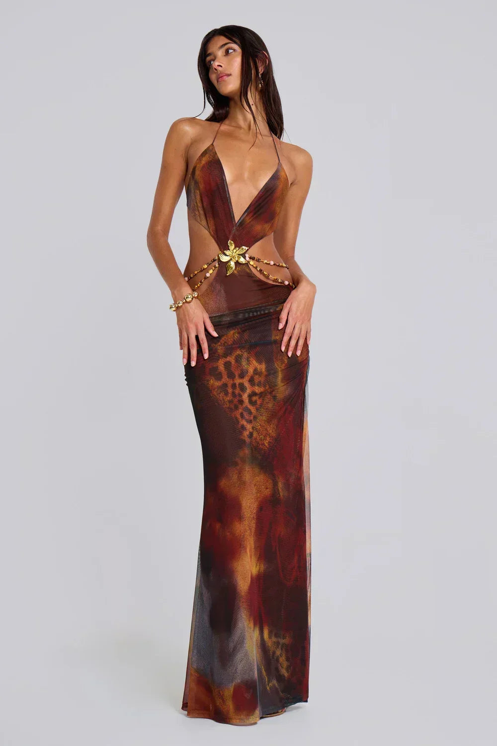 Braunes Leopardenprint Langes Kleid mit Cut outs fuer Damen 1