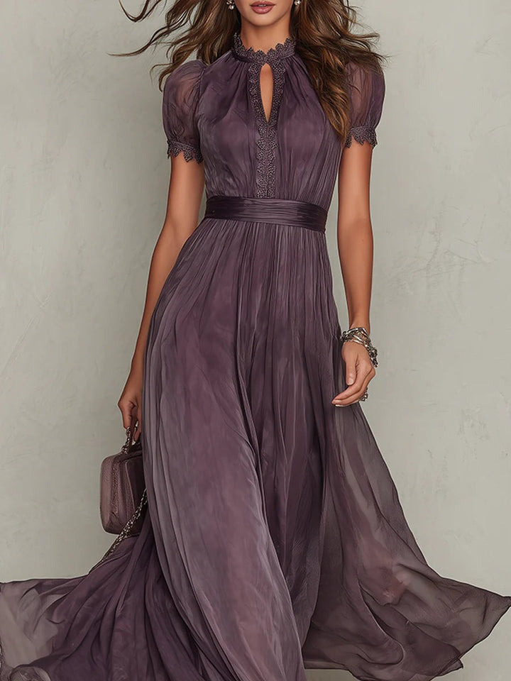 Chiffon Maxikleid mit Rueschenausschnitt Schluesselloch fuer Damen 4