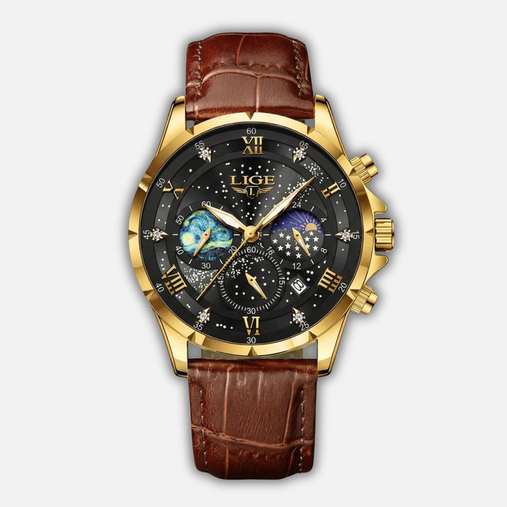 Quarzuhr aus Edelstahl mit Lederarmband und Datumsanzeige für Herren