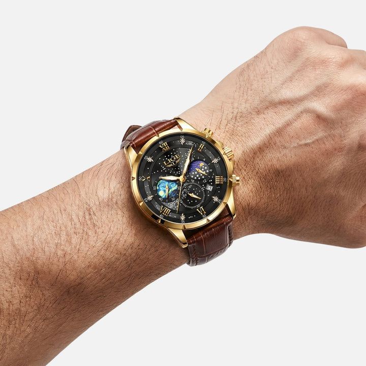 Quarzuhr aus Edelstahl mit Lederarmband und Datumsanzeige für Herren