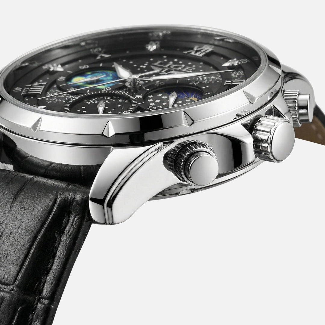Quarzuhr aus Edelstahl mit Lederarmband und Datumsanzeige für Herren