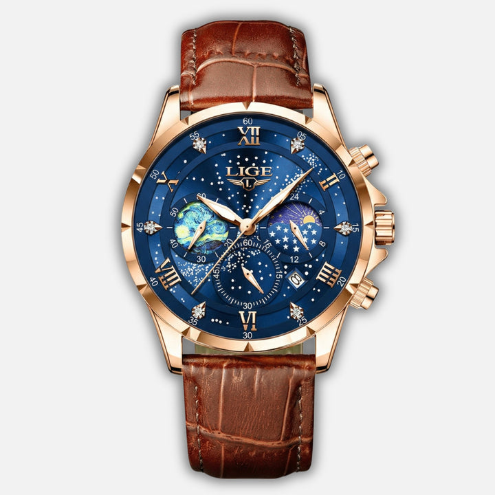 Quarzuhr aus Edelstahl mit Lederarmband und Datumsanzeige für Herren