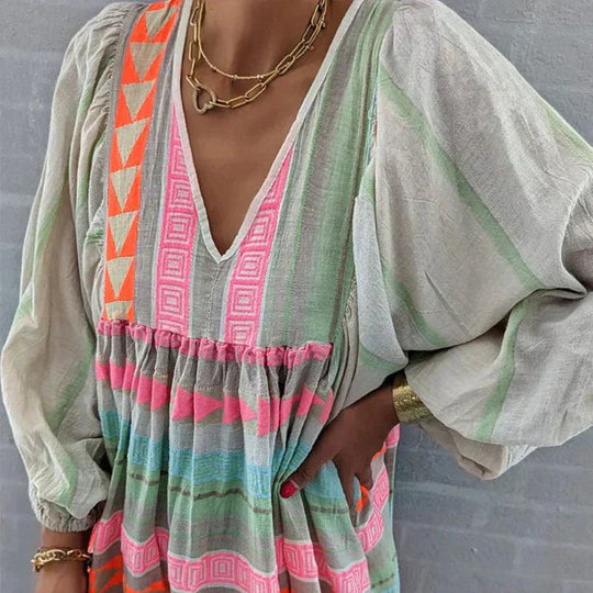 Damen Buntes Boho Kleid | Maxi