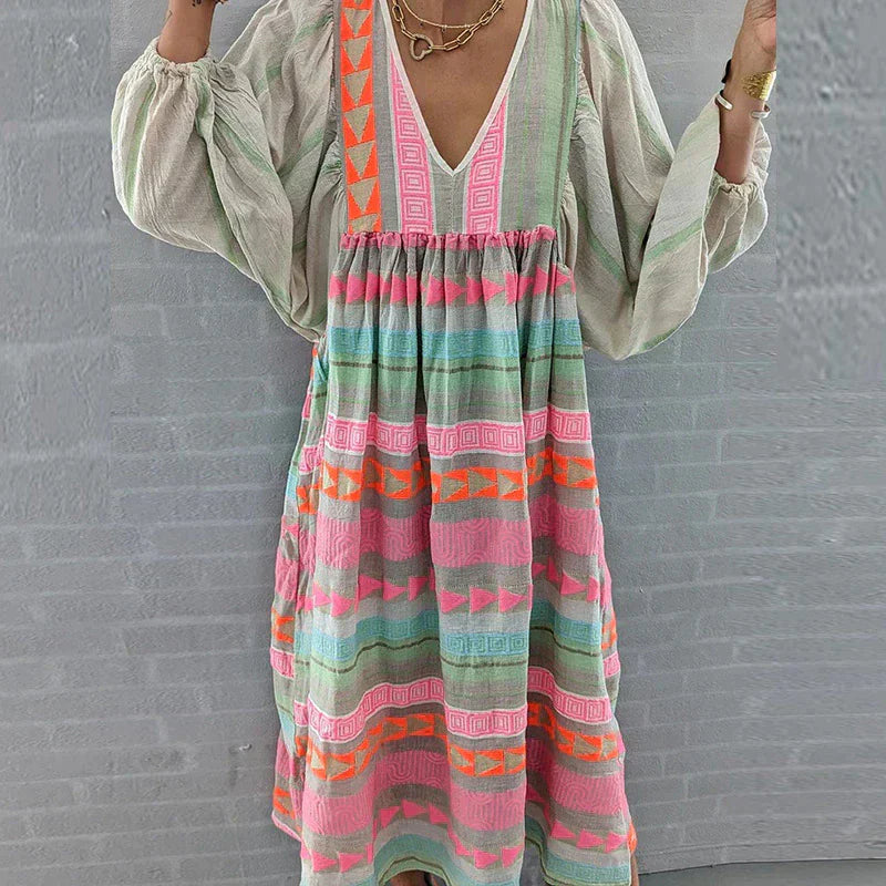 Damen Buntes Boho Kleid | Maxi