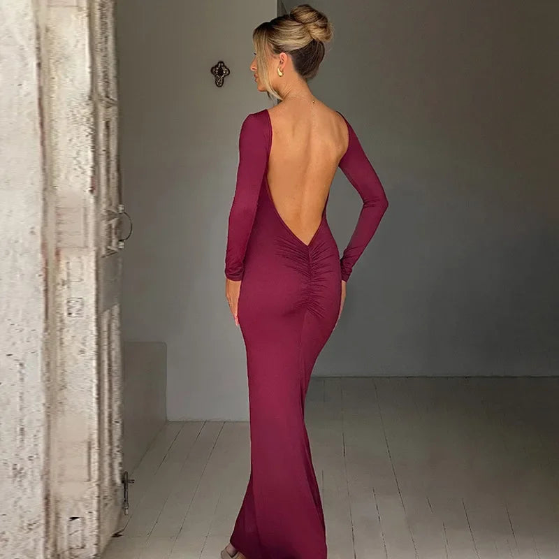 Damen Langärmeliges Rückenfreies Kleid | Maxi