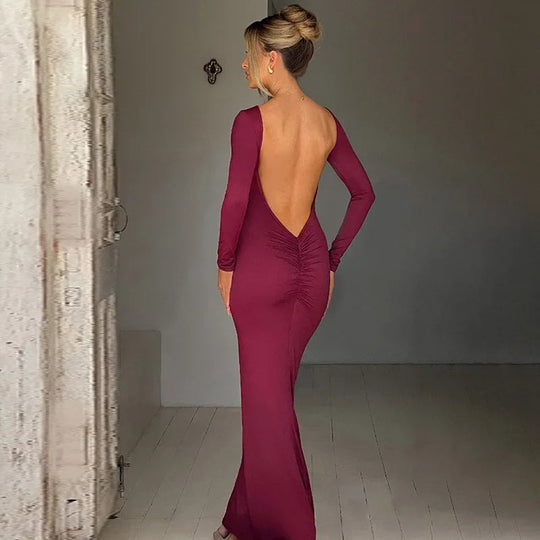 Damen Langärmeliges Rückenfreies Kleid | Maxi
