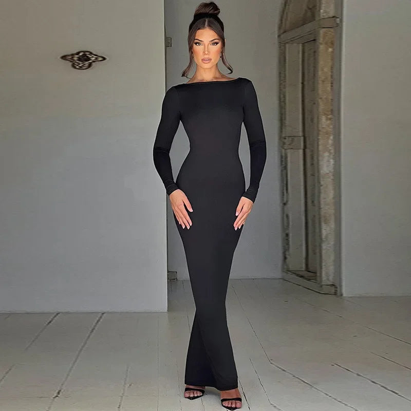 Damen Langärmeliges Rückenfreies Kleid | Maxi