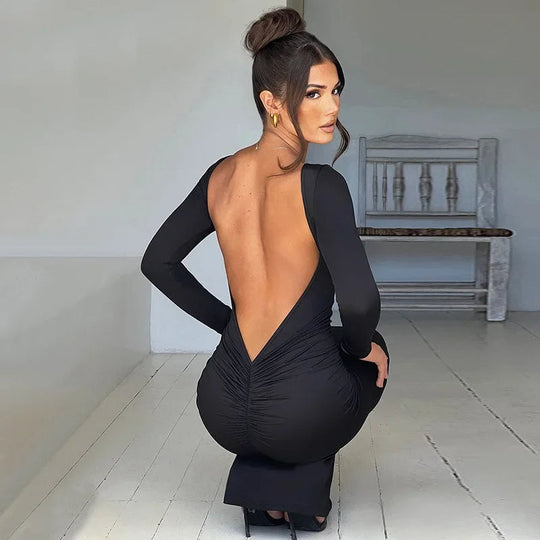 Damen Langärmeliges Rückenfreies Kleid | Maxi