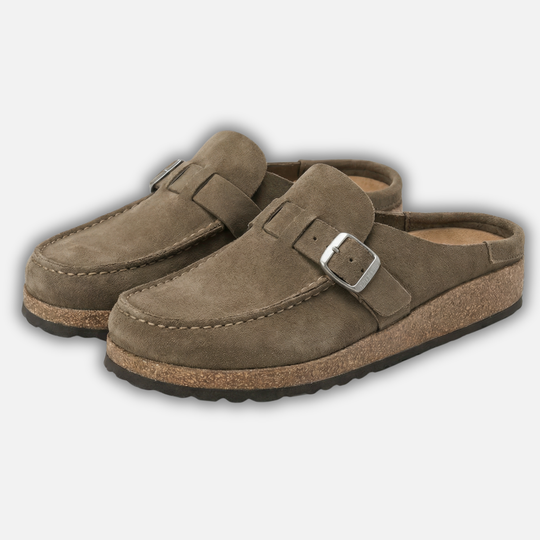 Damen Mules aus Kunstveloursleder mit Schnallenriemen