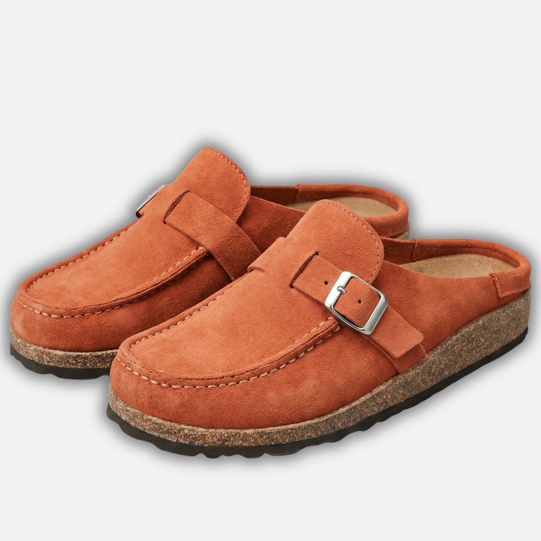 Damen Mules aus Kunstveloursleder mit Schnallenriemen