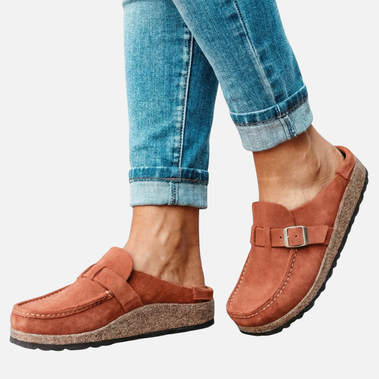 Damen Mules aus Kunstveloursleder mit Schnallenriemen