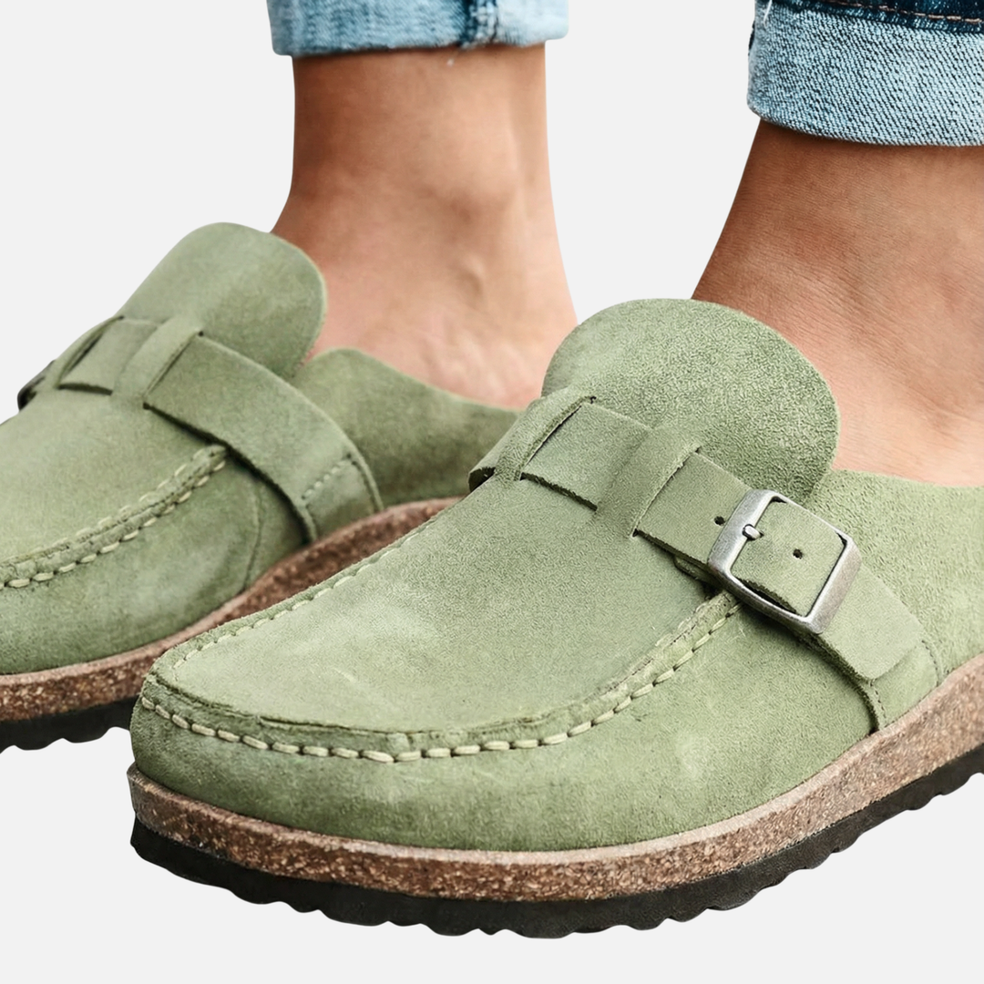 Damen Mules aus Kunstveloursleder mit Schnallenriemen