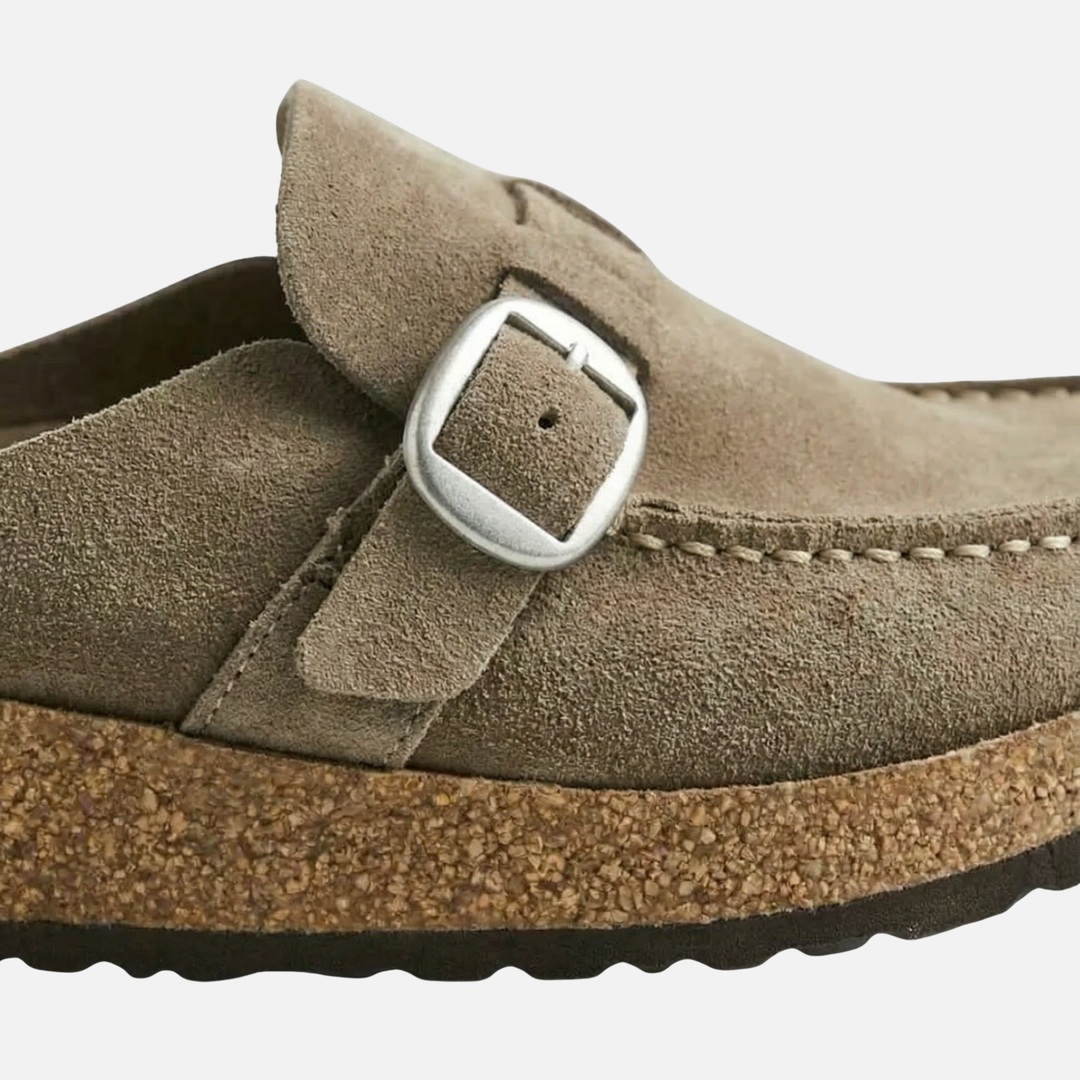 Damen Mules aus Kunstveloursleder mit Schnallenriemen