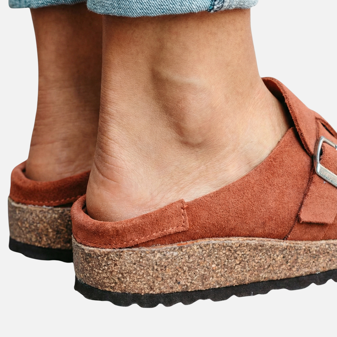 Damen Mules aus Kunstveloursleder mit Schnallenriemen