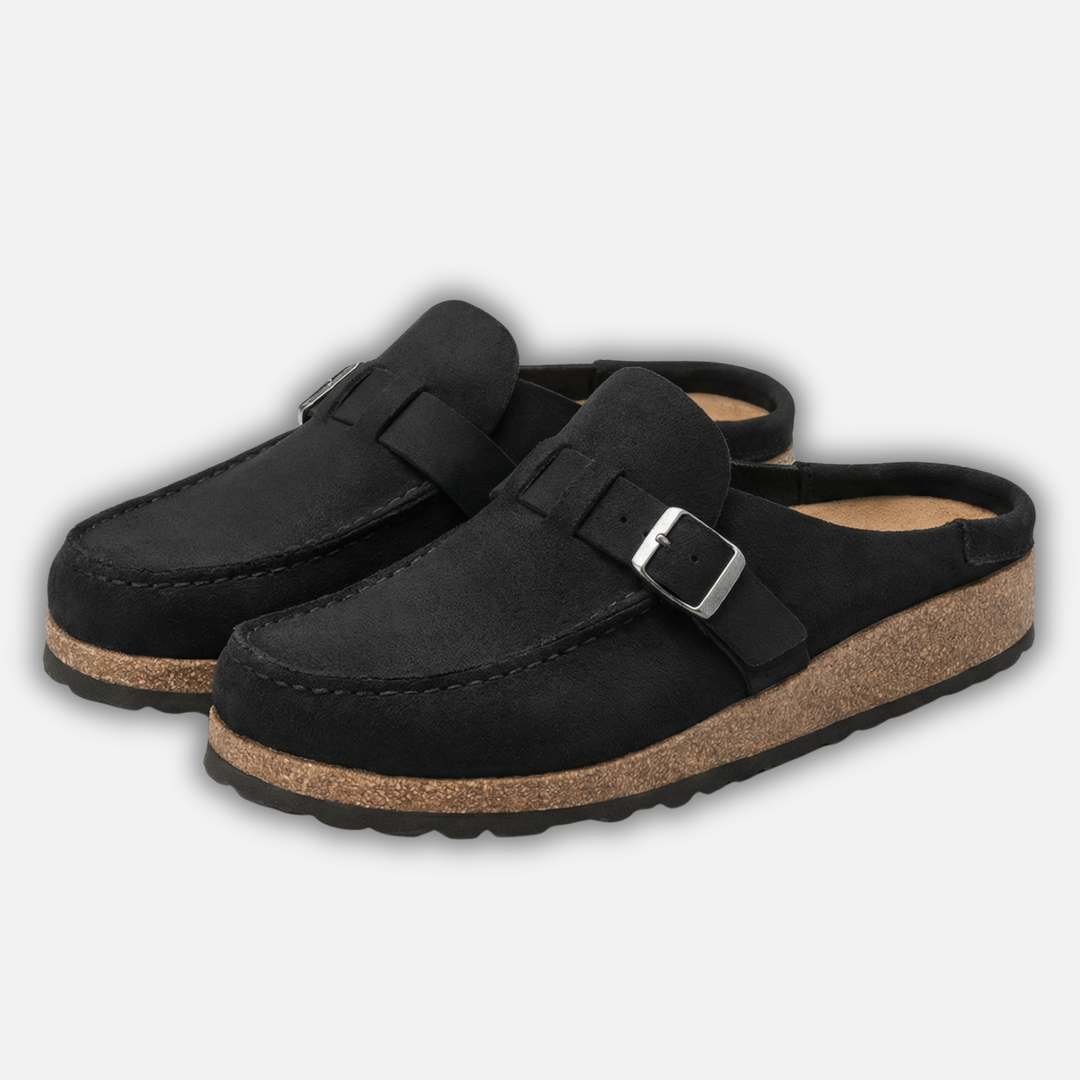 Damen Mules aus Kunstveloursleder mit Schnallenriemen