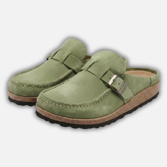 Damen Mules aus Kunstveloursleder mit Schnallenriemen