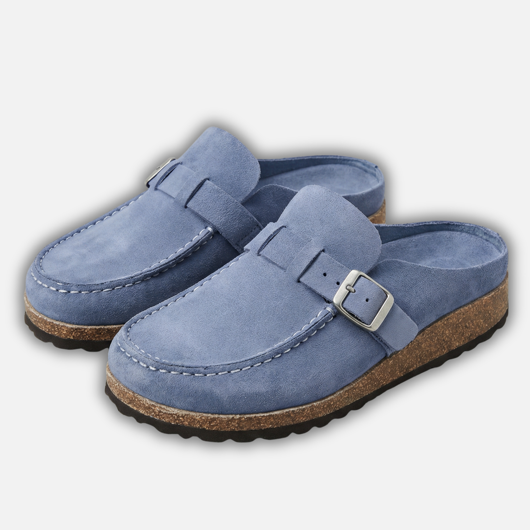 Damen Mules aus Kunstveloursleder mit Schnallenriemen