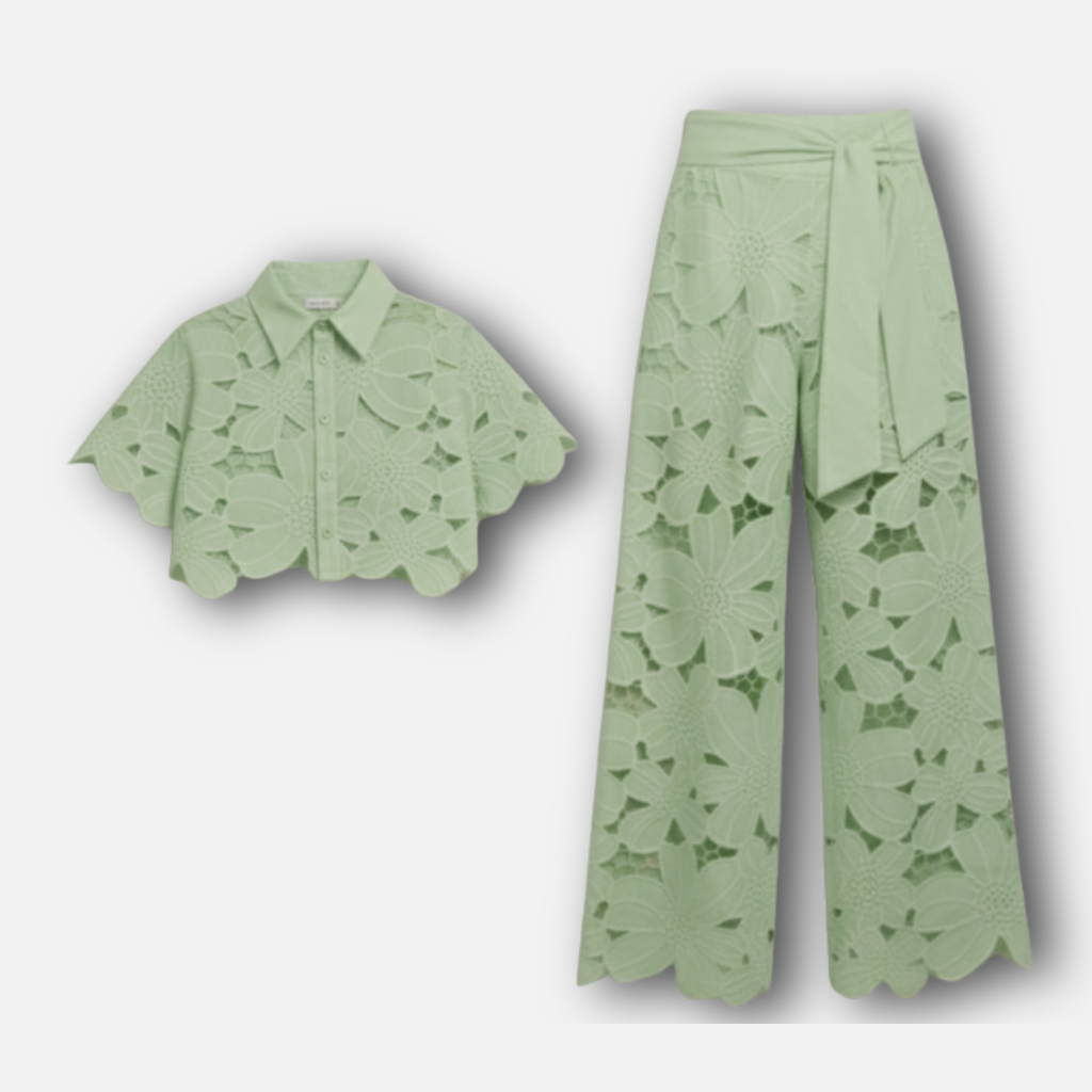 Damen Cutout gesticktes Zweiteiler Set mit gewelltem Saum