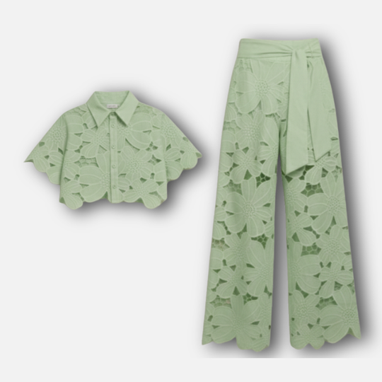 Damen Cutout gesticktes Zweiteiler Set mit gewelltem Saum