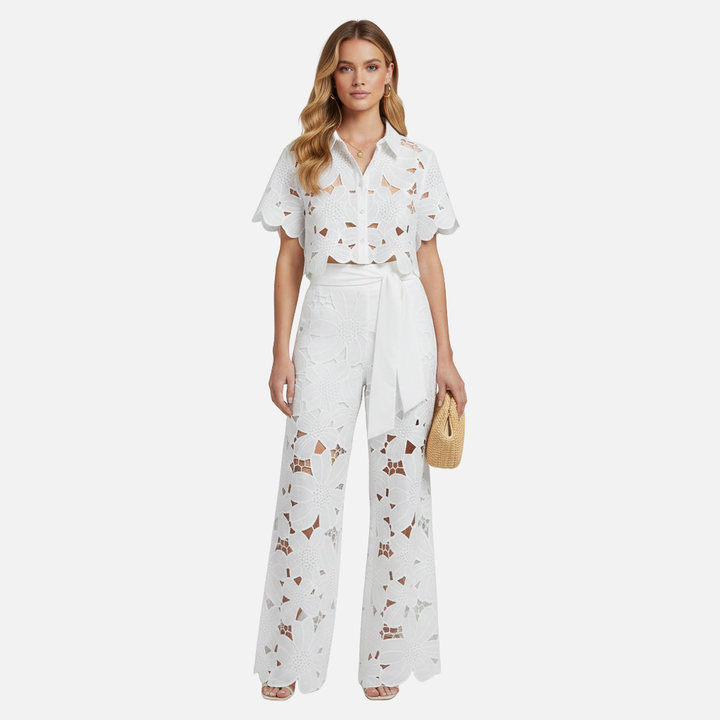 Women's Cutout Embroidered Two-Piece Set with Wavy Hem