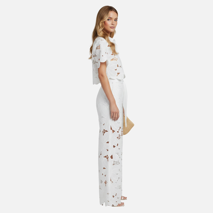 Women's Cutout Embroidered Two-Piece Set with Wavy Hem