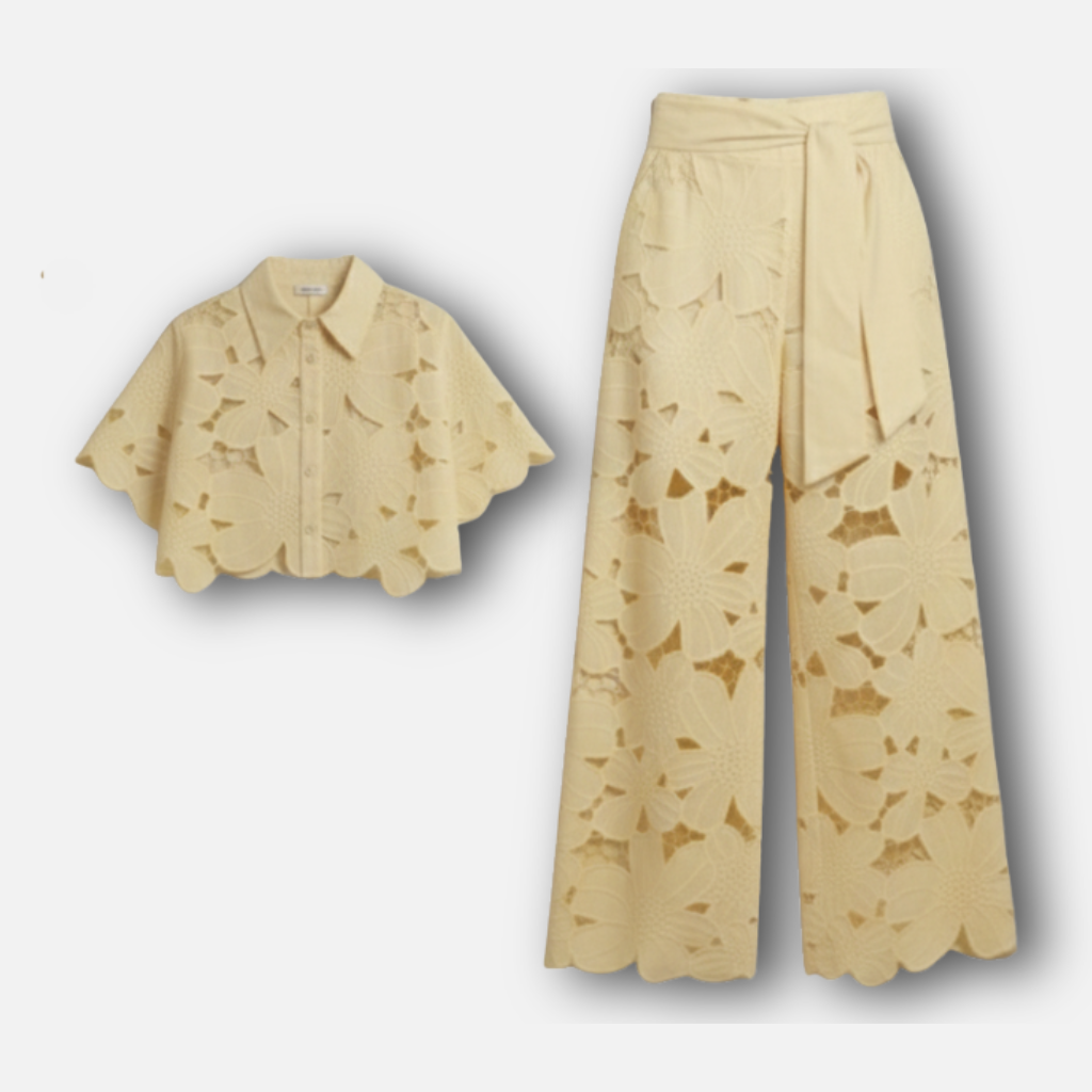 Damen Cutout gesticktes Zweiteiler Set mit gewelltem Saum