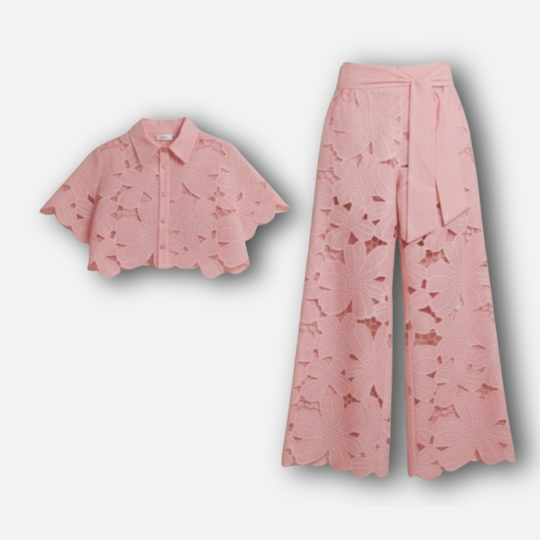 Damen Cutout gesticktes Zweiteiler Set mit gewelltem Saum