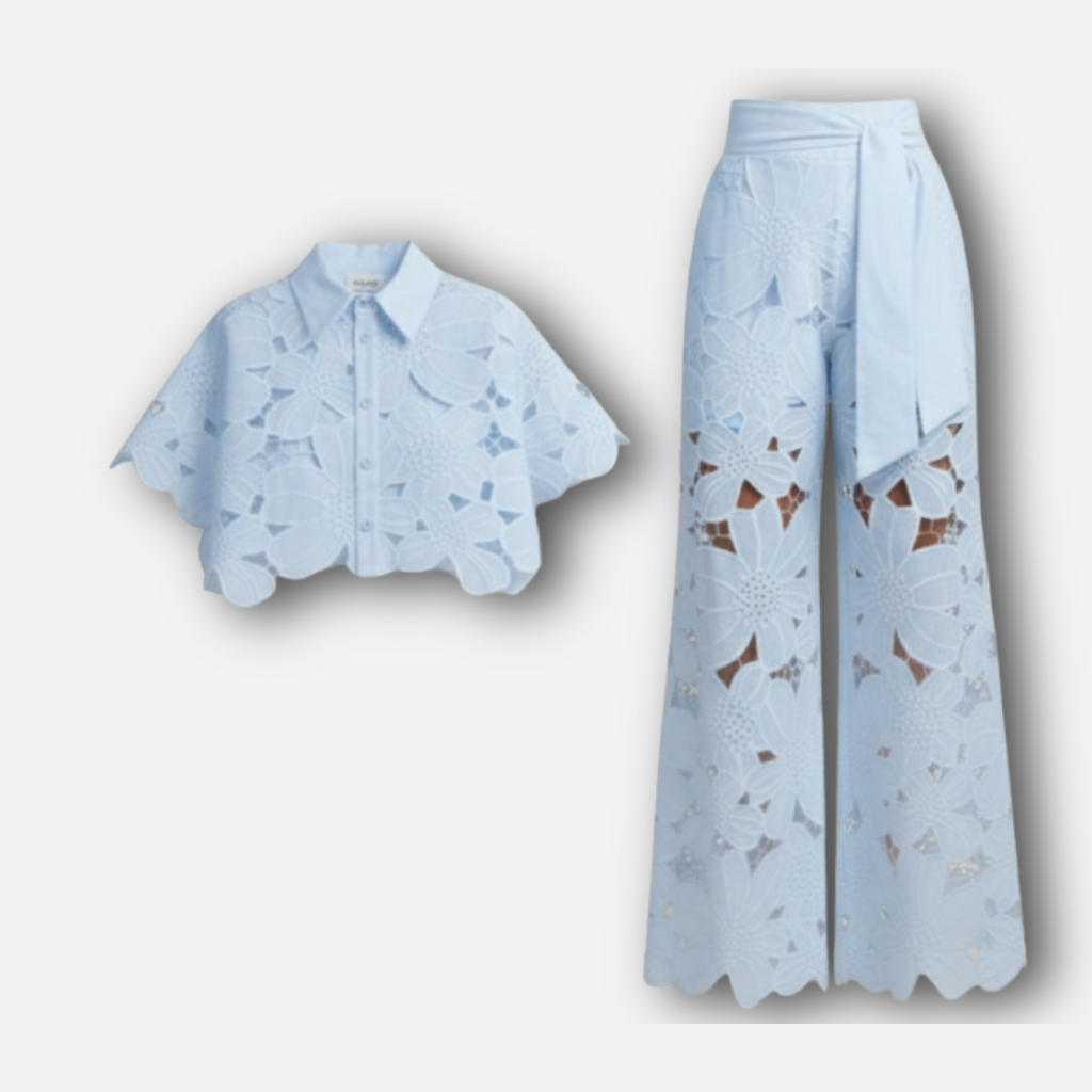 Damen Cutout gesticktes Zweiteiler Set mit gewelltem Saum