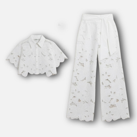 Damen Cutout gesticktes Zweiteiler Set mit gewelltem Saum