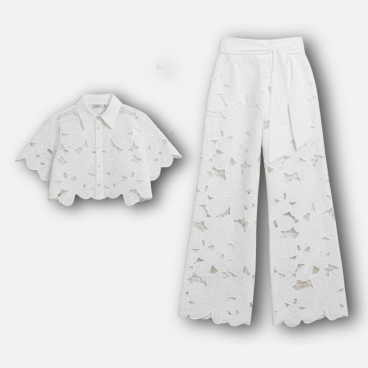 Women's Cutout Embroidered Two-Piece Set with Wavy Hem