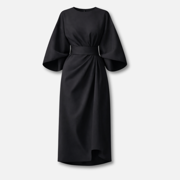 Women's Dress with Lantern Sleeves and Waist Belt