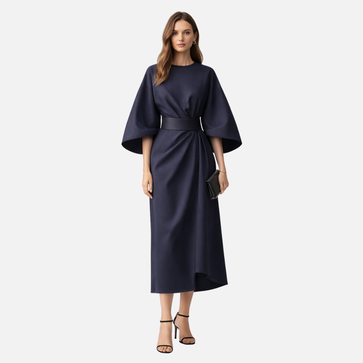 Women's Dress with Lantern Sleeves and Waist Belt