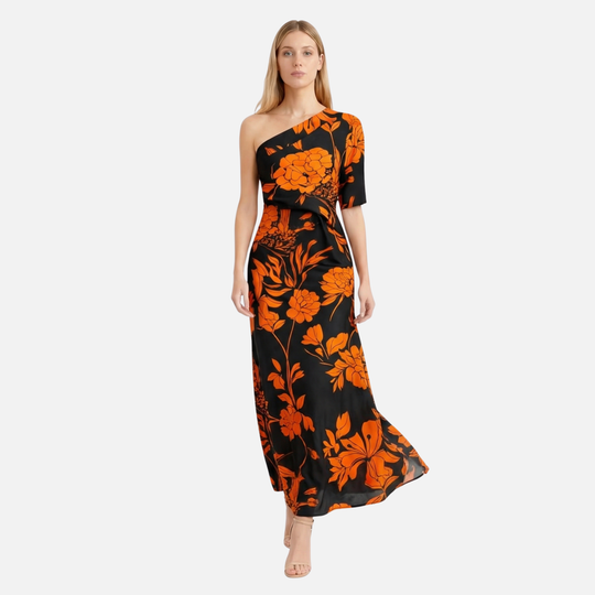 Damen Maxikleid mit Blumenmuster einer Schulter und Seitenschlitz